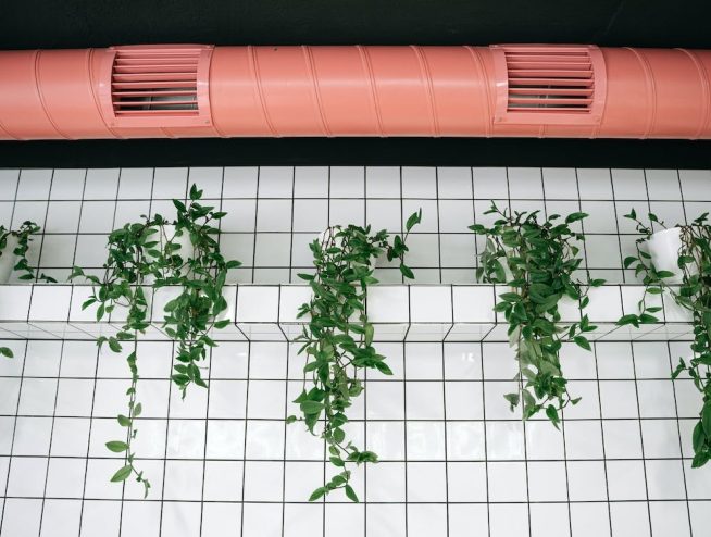 Pared con azulejos, plantas y un tubo de climatización industrial